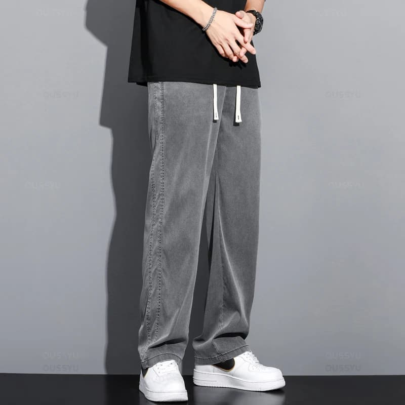 Été doux Lyocell tissu hommes jean mince ample pantalon droit cordon taille élastique corée pantalon