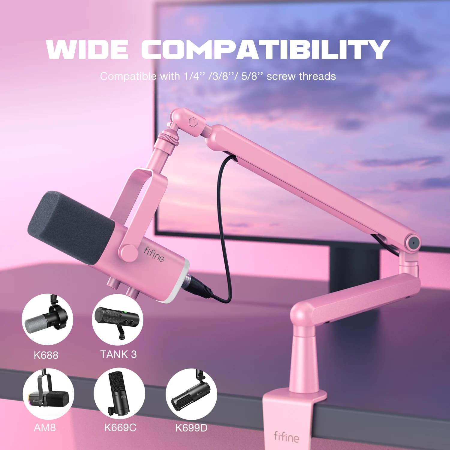 FIFINE Microphone Boom à profil bas, bras de micro réglable en métal avec gestion des câbles/pince e