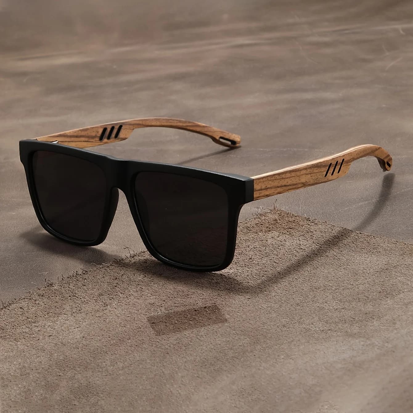 Lunettes de soleil carrées décontractées, Grain de bois, charnières à ressort, Protection UV400, uni