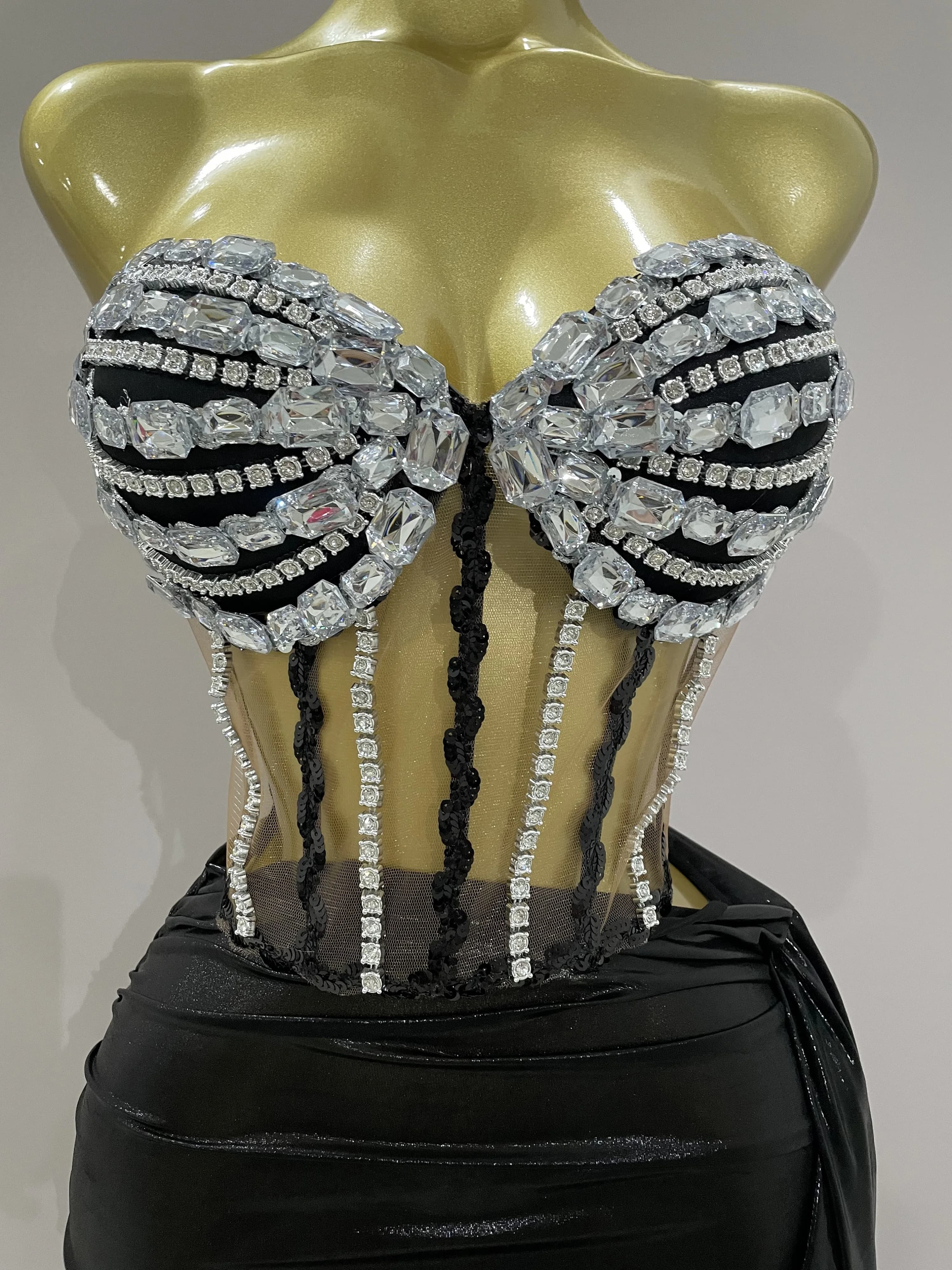 Sexy brillant strass paillettes 2 pièces haut jupe ensemble 2025 femmes célébrité soirée scène disco