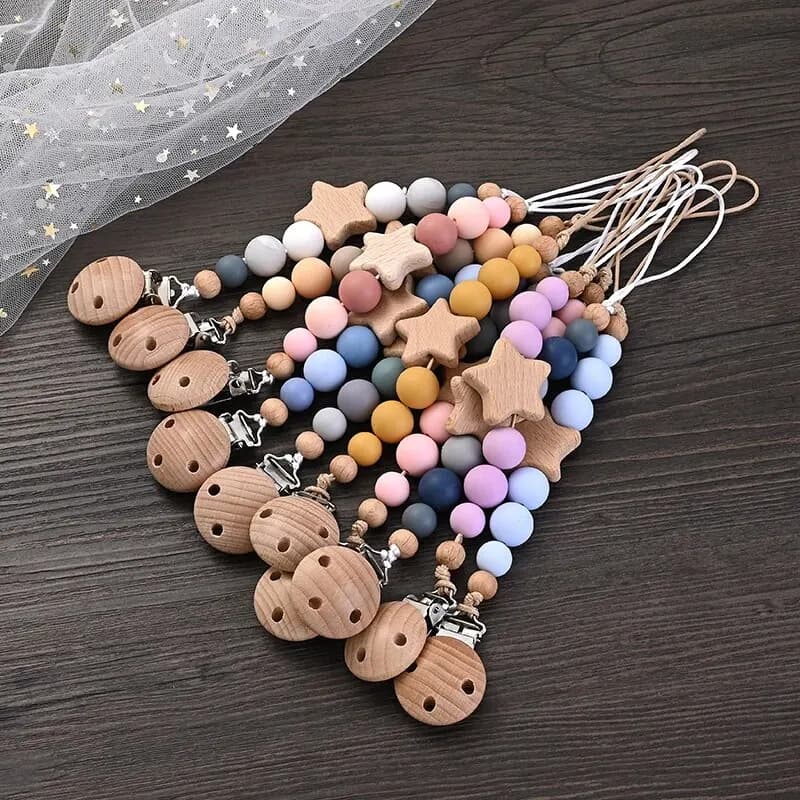 Clips de chaîne de sucette pour bébé, anneau de dentition pentagramme en bois, perles rondes en Sili