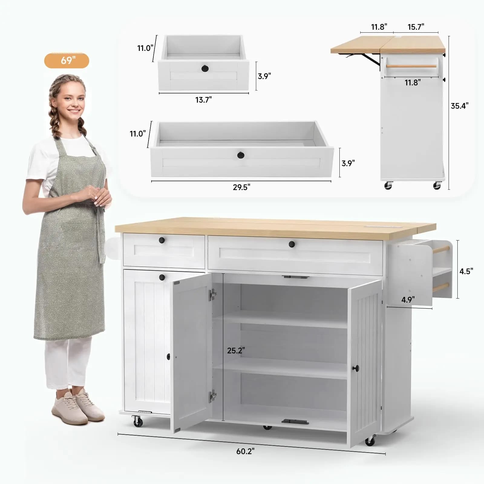 Chariots roulants pour îlots de cuisine mobiles de 60 pouces, Table d'îlot de cuisine, chariots de m