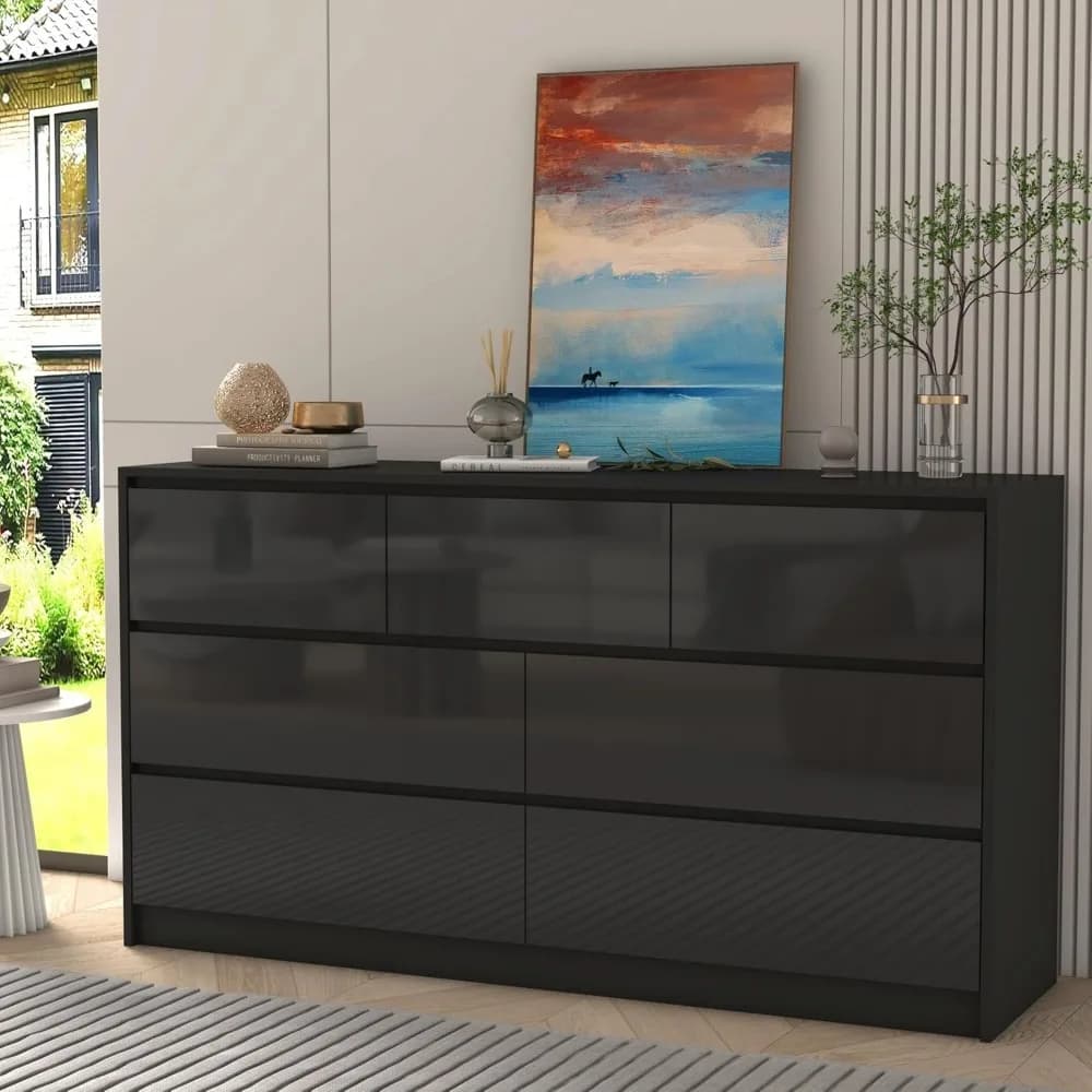 Commode Malm noire pour chambre à coucher, commode haute brillance de 55 pouces de long avec 7 tiroi