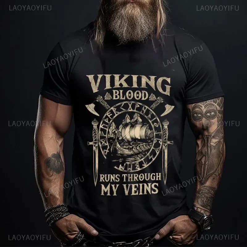 Viking Blood-T-shirt manches courtes pour homme, 100% coton, style légende, rétro, classique, Valhal