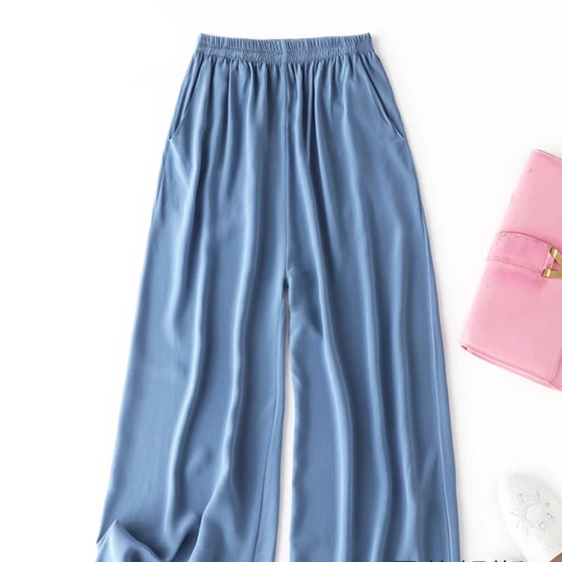Birdtree, pantalon d'été 100% soie crêpe dechine, pantalon à jambes larges pour femme, pantalon cour