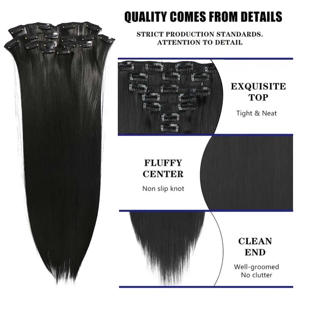 Extensions de cheveux synthétiques longues et lisses à clips, 24 pouces, 16 clips, 7 pièces/ensemble