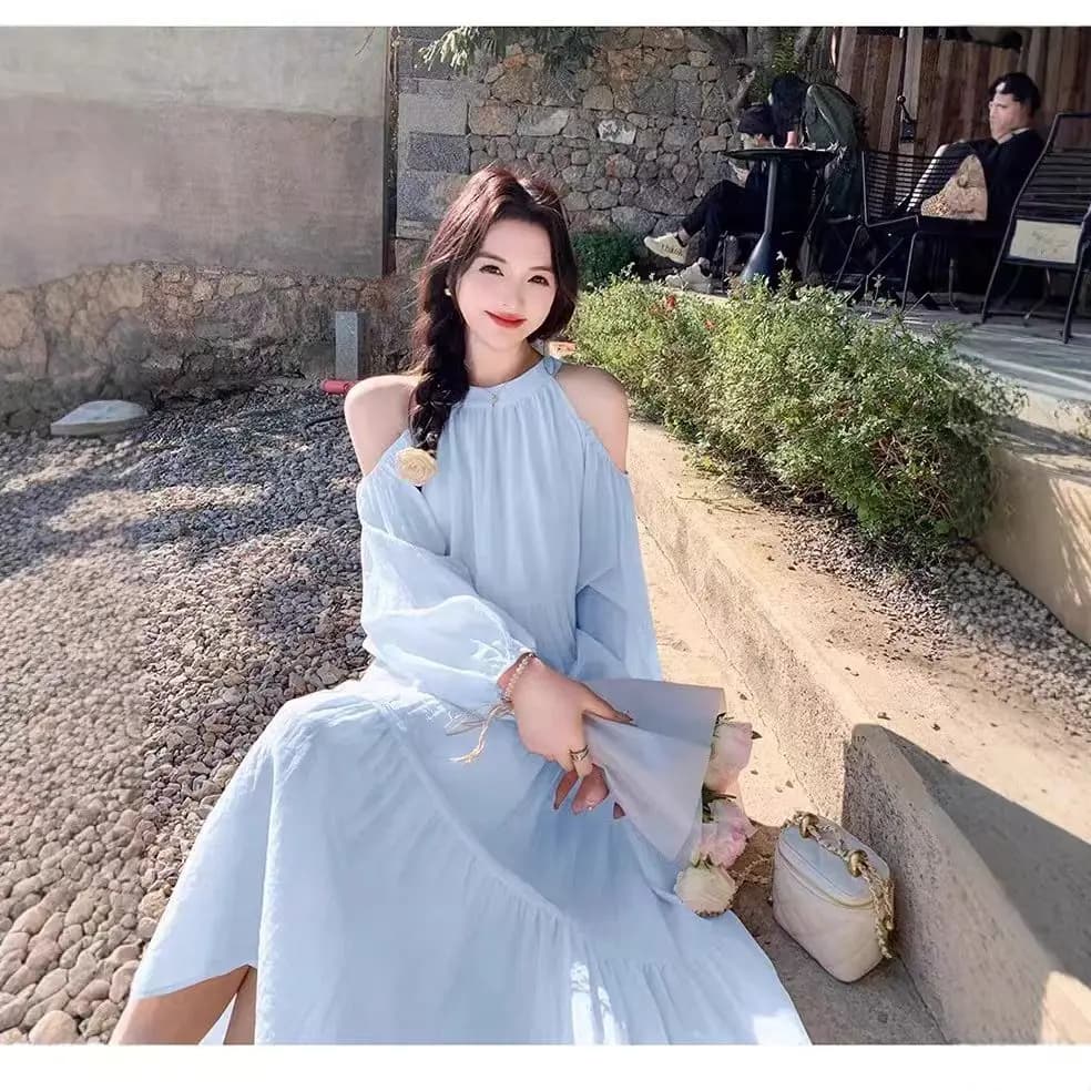 Robe de vacances en bord de mer bleu clair pour femmes, nouveau style printemps et été 2025, jupe fé