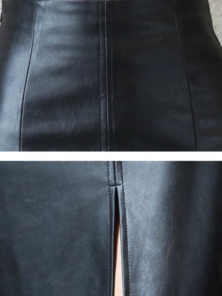 Jupe mi-longue en cuir PU pour femme, jupes fendues avant ou arrière, hanche GT sexy, bureau, noir, 