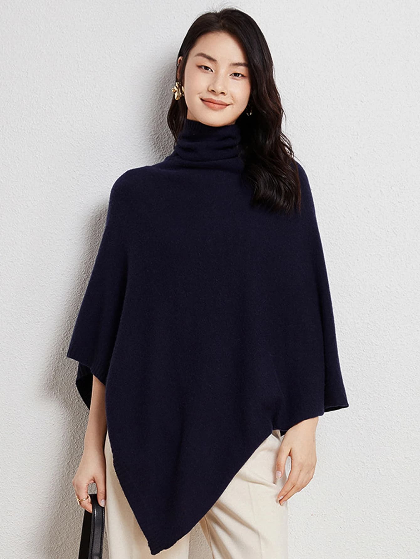 Poncho à col roulé en laine 100% pour femme, pull-over, châle tricoté, cape irrégulière, mode, doux 