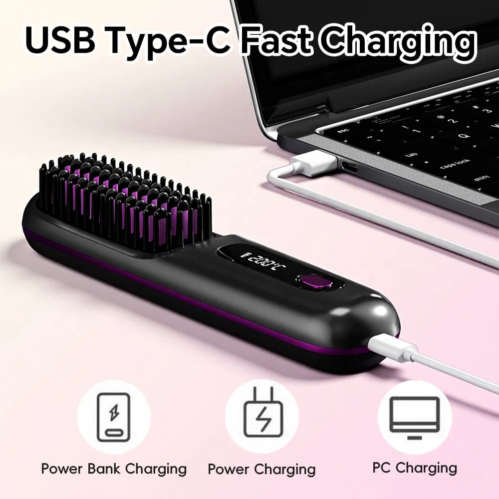Brosse à lisser les cheveux Rechargeable, peigne ionique à lisser les cheveux, 3 réglages et afficha