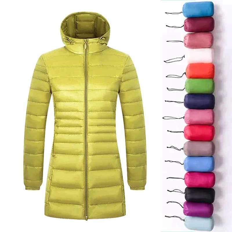 Doudoune Longue Chaude et Légère pour Femme, Manteau à Capuche, avec Sac de Rangement Portable, Long