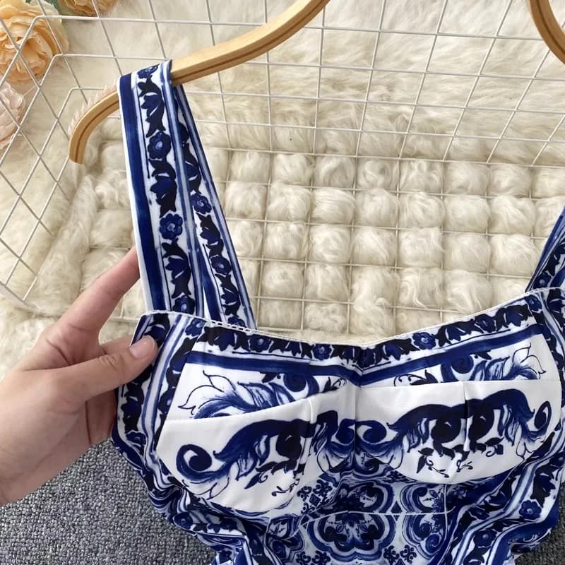 Robe longue de vacances pour femmes, col en v, imprimé rouge, bleu et blanc, bretelles Spaghetti, ét