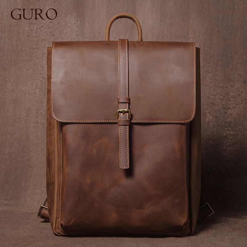 GURO – sac à dos rétro en cuir véritable pour hommes et femmes, sac de voyage à rabat Simple, en cui
