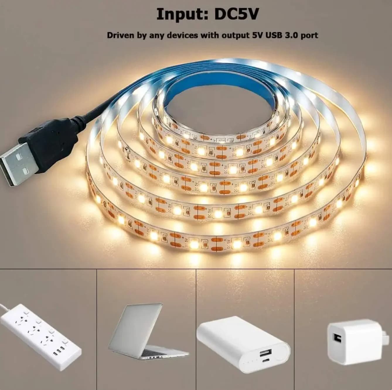 Bande lumineuse LED USB 2835, 5V DC, 1- 5m, lumière blanche chaude, éclairage de fond de télévision,
