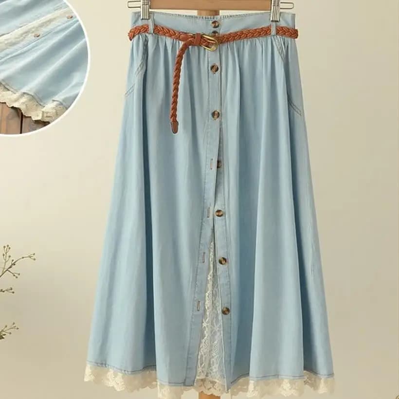 Jupe en Jean en coton pour femmes, jupe longue plissée en dentelle à simple boutonnage