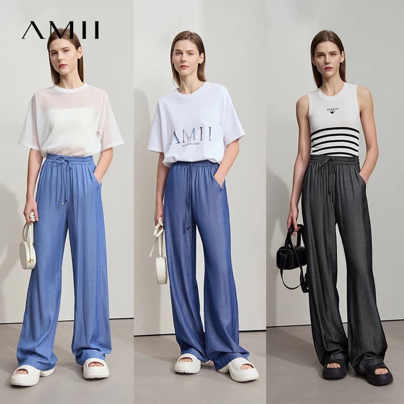 AMII décontracté pantalons d'été femmes 2025 nouveau solide cordon taille élastique ample droit Long