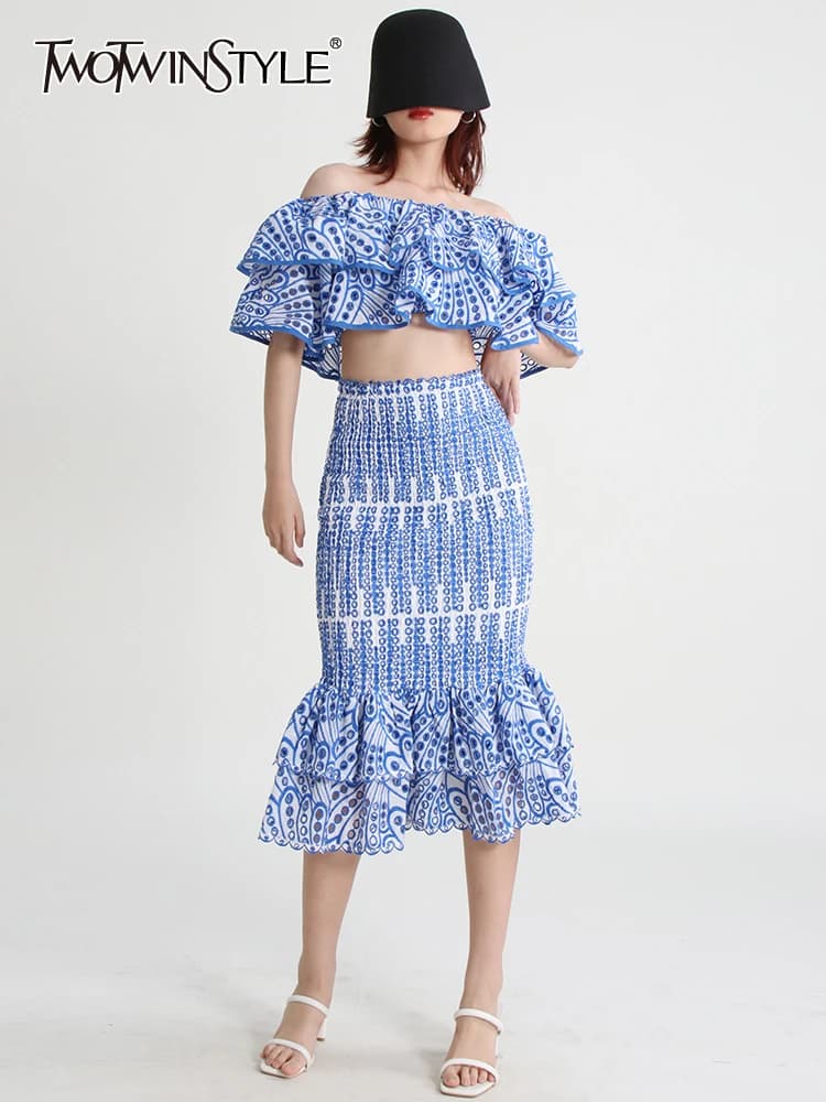 TWOTWurea-Ensemble deux pièces YLE pour femme, jupe mi-longue taille haute, col oblique, court, mode