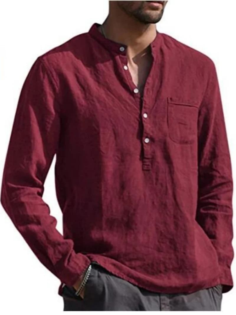 Chemise à manches longues en lin pour hommes, col montant, bouton sur le devant, poche simple sur la