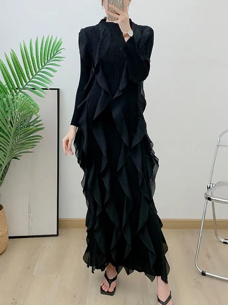 Ata Yake-Robe plissée à col rond pour femme, manches longues, volants épissés, vêtements de soirée, 