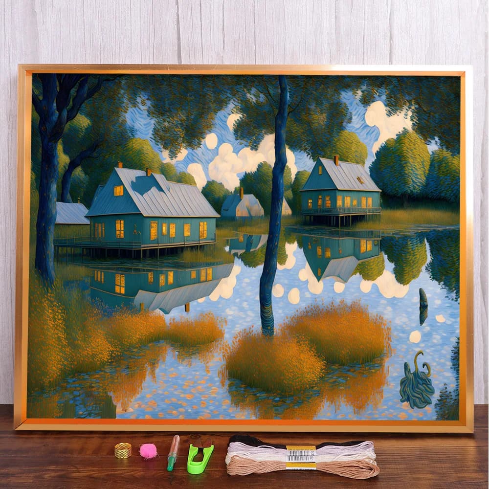 Toile Imprimée de Paysage Nette House, Ensemble de Broderie de Point de Croix, Peinture Faite à la M