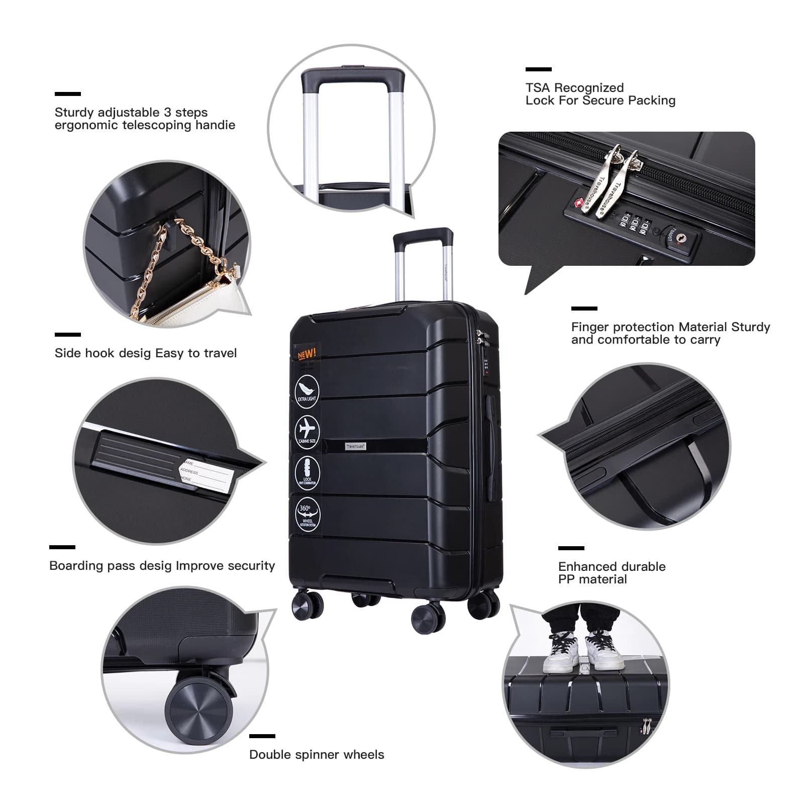 Travelhouse-Ensemble de Valises Rigides Légères avec Serrure TSA, Roues Spinner, PP, 3 Pièces, 20/24
