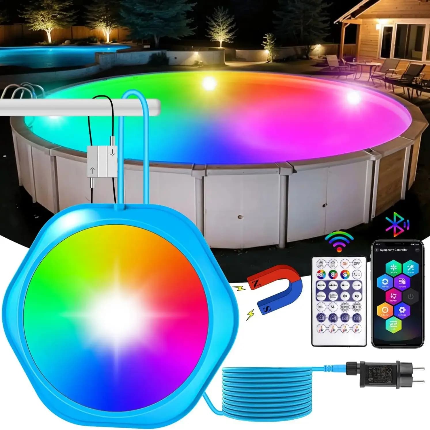 Éclairage de piscine RGB 20W, lumière LED subaquatique pour jardin, étang, avec aimant, IP68, projec