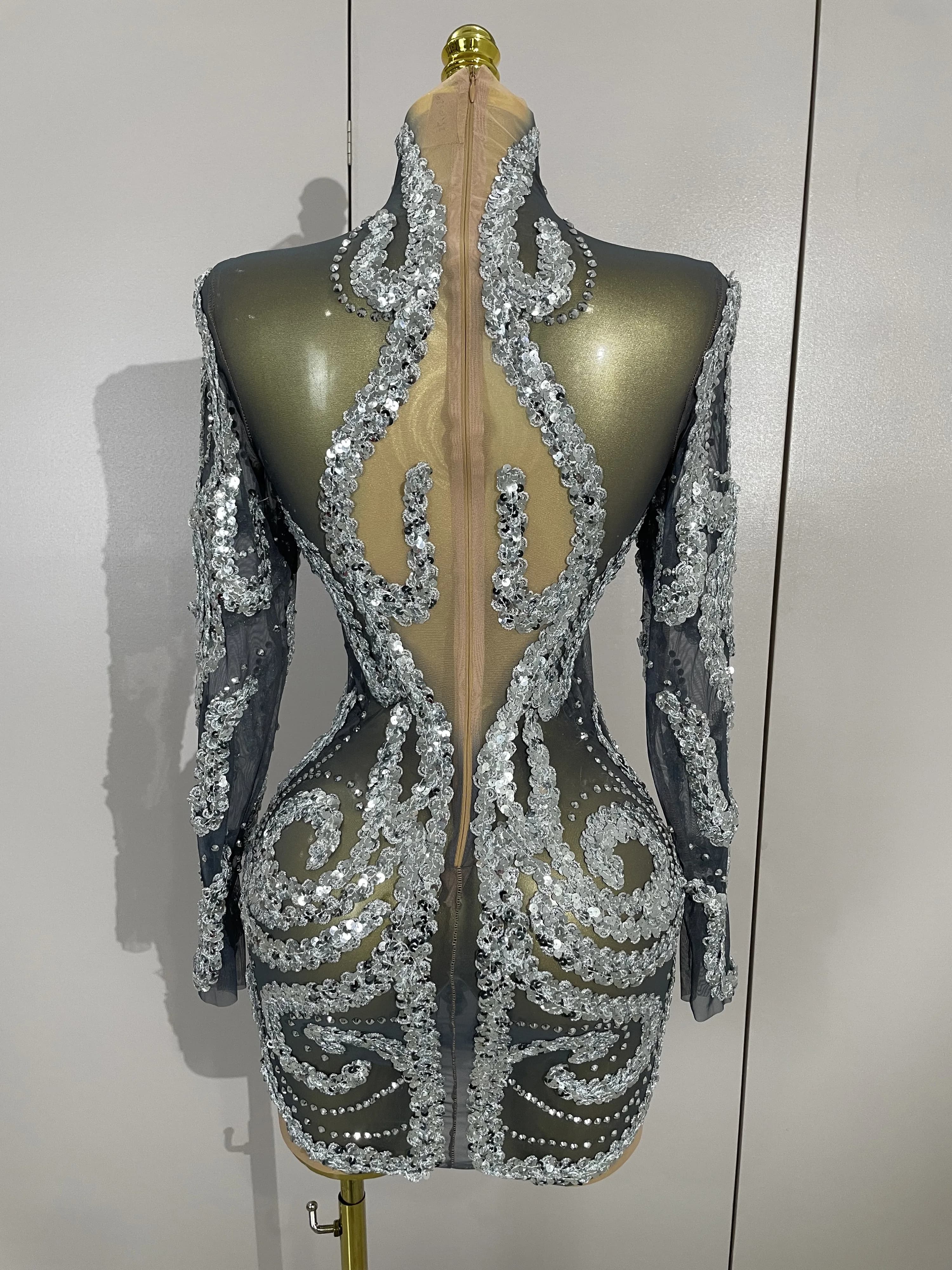 STOCK – tenue de scène Sexy en maille, manches longues, strass scintillants, Mini robe, fête d'anniv