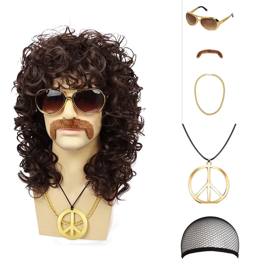 Perruques synthétiques des années 70 pour hommes, Disco pour fête d'halloween, cheveux courts marron
