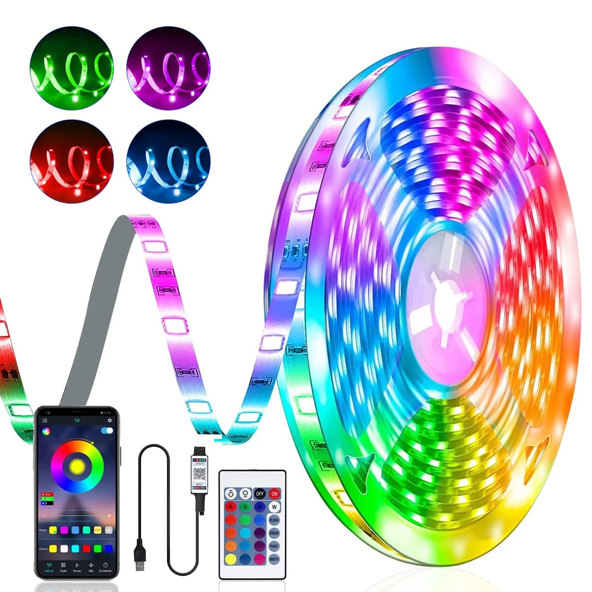 Bande lumineuse LED RGB, 5V 1M-30M, 16 millions de couleurs, RGB, synchronisation de la musique d'éc