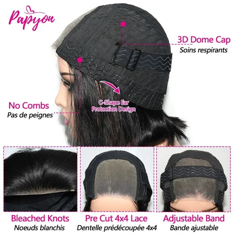 Perruques courtes bob lisses sans colle, prêtes à porter, en cheveux humains, pré-coupées, avec cord