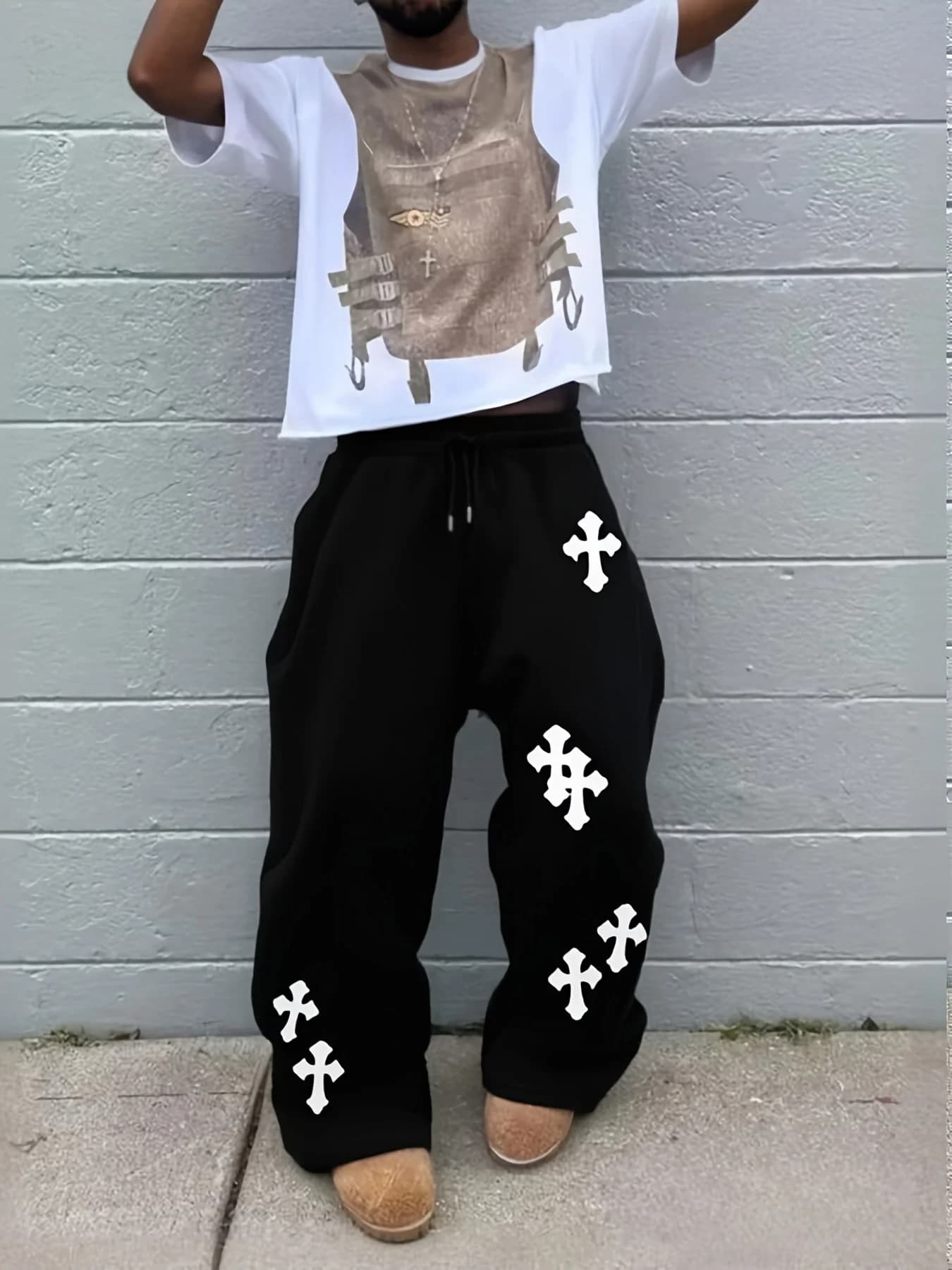 2025 Pantalon à jambes larges noir pour hommes à la mode Grande croix blanche imprimée Pantalon hip-