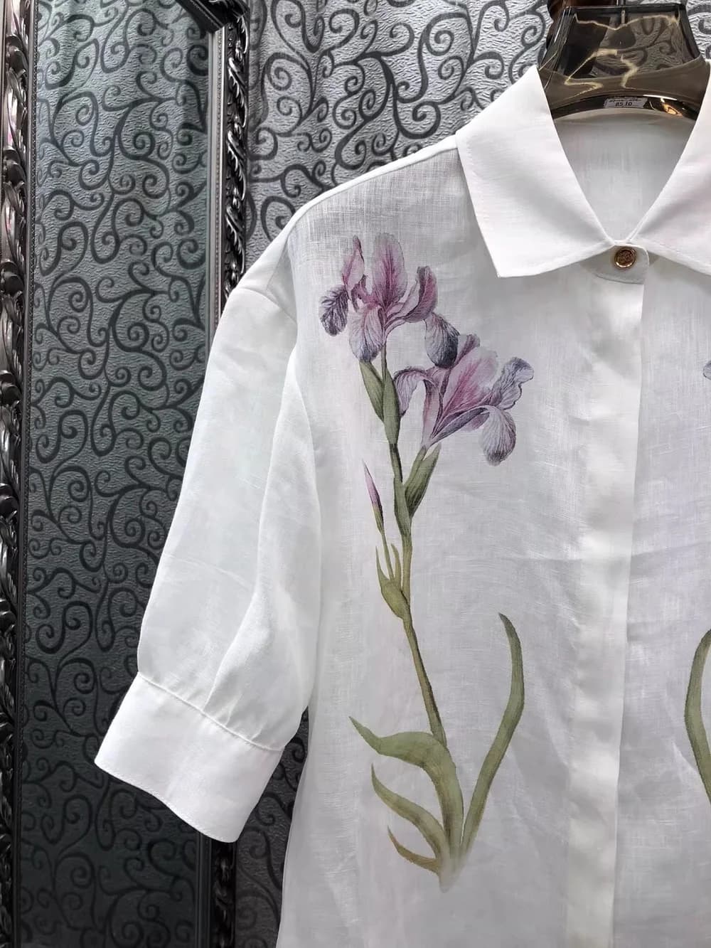 Chemisier 100% Lin pour Femme, Style Printemps-Été 2026, Col Rabattu, Imprimé Floral Violet, Manches