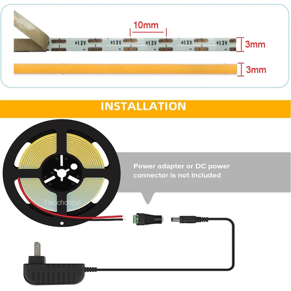 Bande lumineuse LED COB Ultra fine, 3mm, DC12V, 392 diodes/m, pour décoration de maison, voiture, br