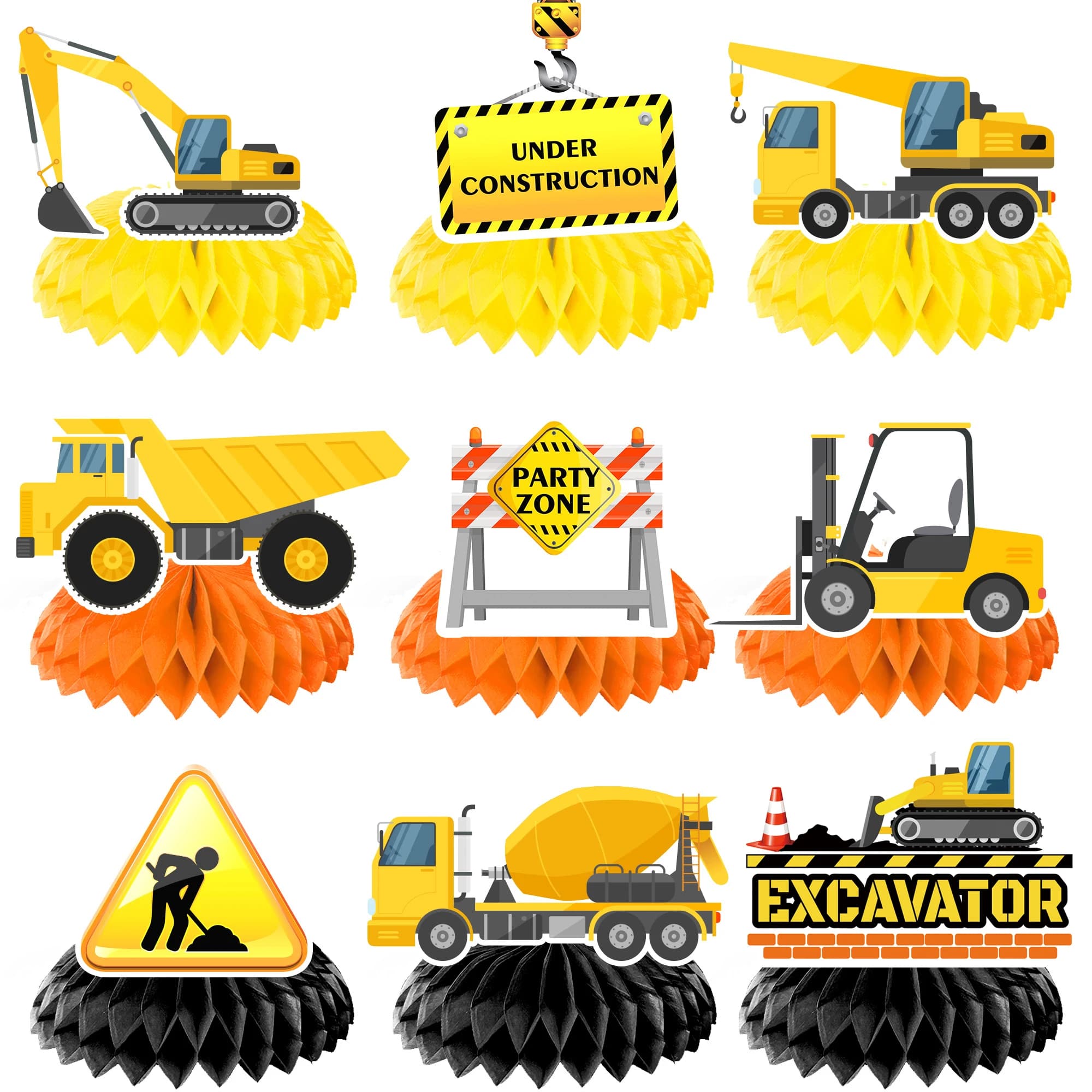 9 pièces de centres de table en nid d'abeille sur le thème de la construction, décorations pour fête