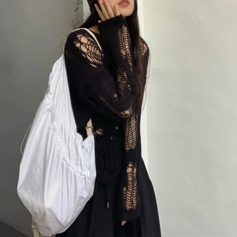 Karrram – pull gothique ajouré, surdimensionné, transparent, Streetwear, vêtements Grunge Y2k, print