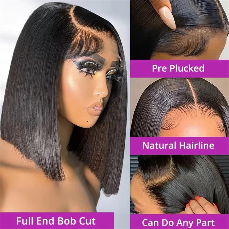 Perruque courte bob 13x6 HD Lace Frontal, lisse comme un bâton, sans colle, pré-coupée, avec closure