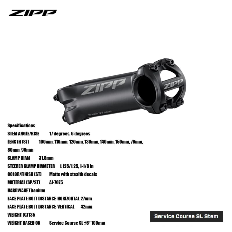 ZIPP Service Course SL Potence décroissante à partir de 7075 aluminium, Large gamme de tailles et d'
