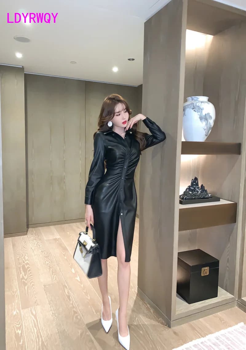 Robe plissée en cuir AudiPU pour femmes, vêtements de station européenne, petite robe de célébrité d