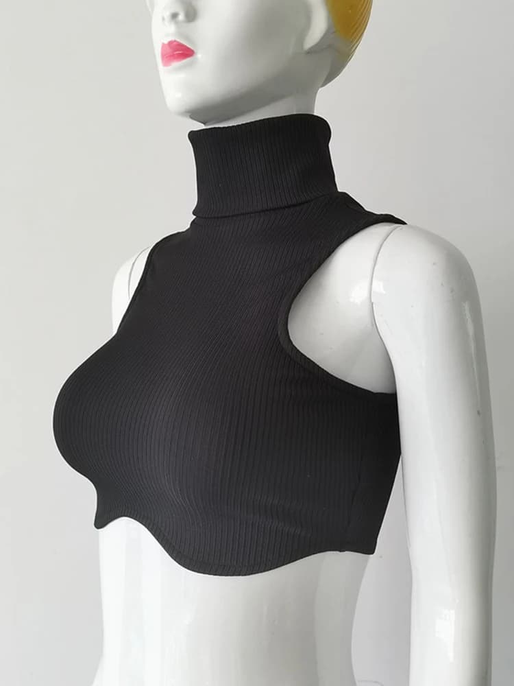 Haut court à col roulé en tricot noir pour femme, maigre, élasticité, Sexy, irrégulière, mode, Club,