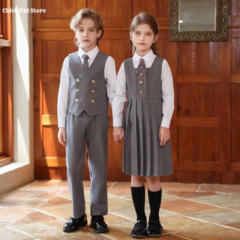 Garçons britannique Double boutonnage gilet costume pantalon filles robe enfants étudiant vêtements 