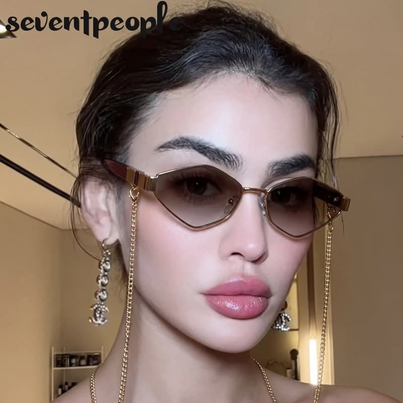 Lunettes de soleil hexagonales à petite monture avec chaîne pour femme 2026 – Marque de luxe vintage