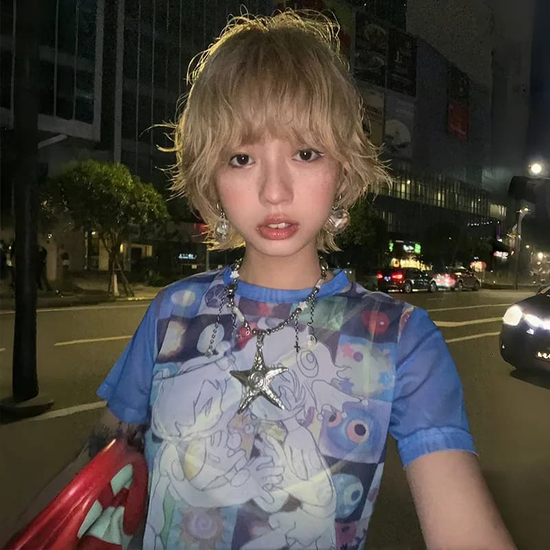 Karrram japonais Y2k Anime imprimé T-shirt 2000s Harajuku manches courtes haut en maille Vintage est