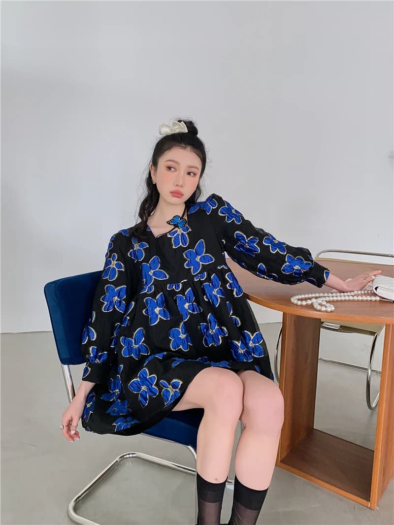 CHEERART – robe de fée en Organza bleu Royal, Jacquard, manches bouffantes, motif Floral, manches lo