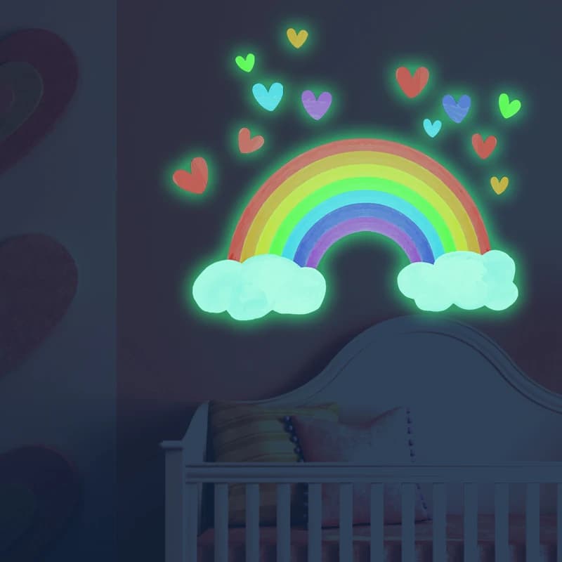 Autocollants muraux lumineux arc-en-ciel, dessin animé, lueur dans le noir, nuage, cœur, autocollant