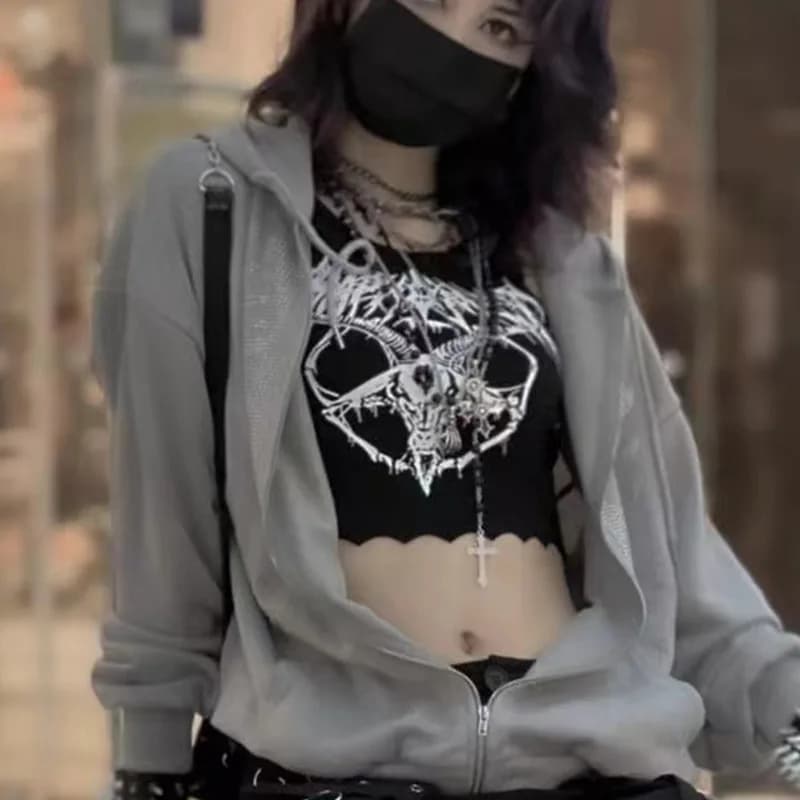 Débardeur gothique tricoté Punk noir pour centre commercial, imprimé chèvre Grunge, Harajuku, haut c