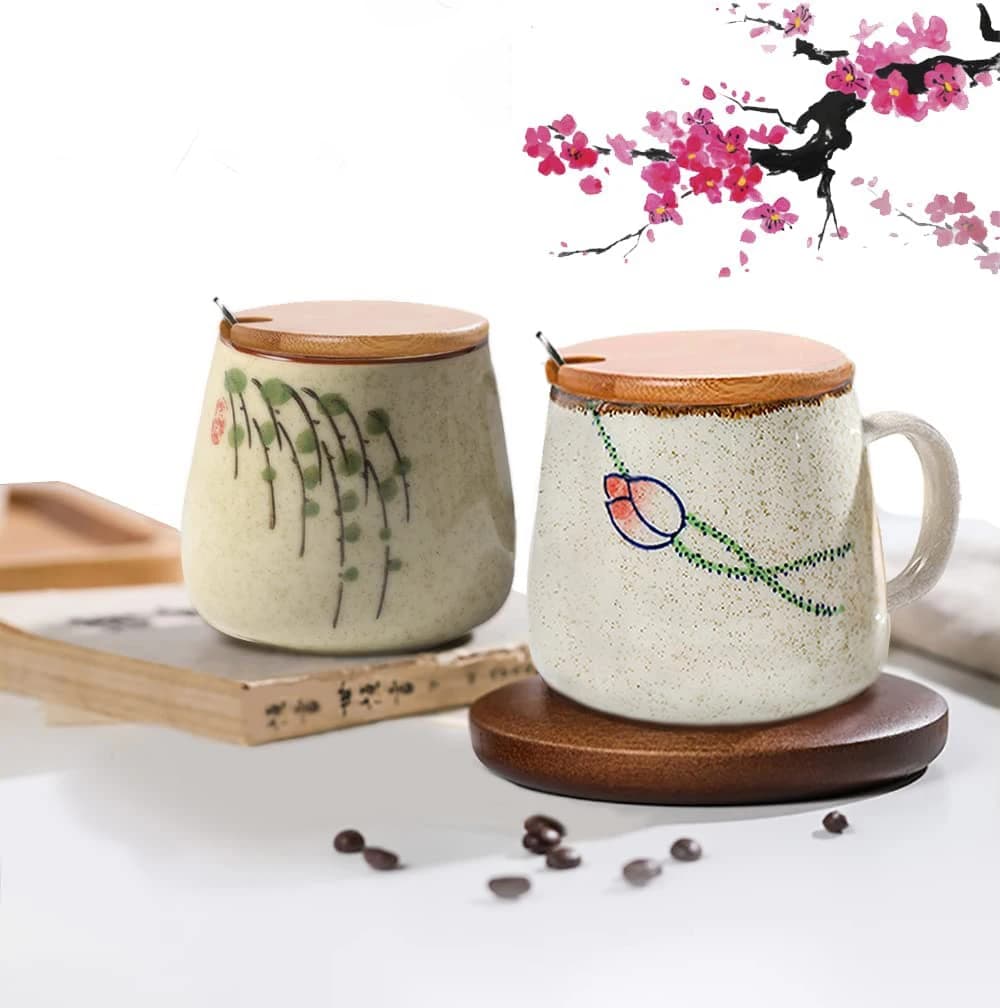 YWDL – tasse à café japonaise en céramique de 350ml, avec couvercle et cuillère, tasses à lait pour 