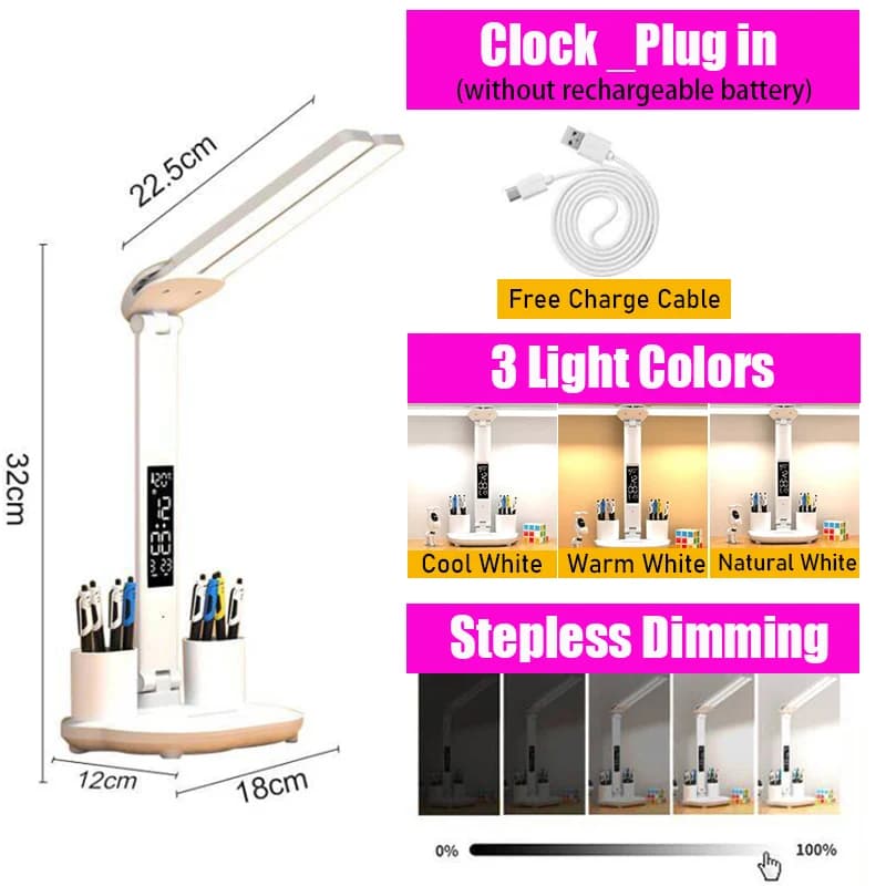 LED horloge lampe de Table USB rechargeable lampe de bureau à intensité variable 2 têtes 180 rotatio