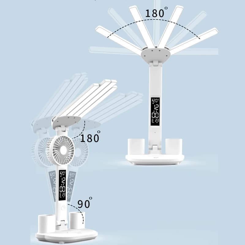 Lampe de bureau multifonctionnelle 3 en 1, lampe de bureau LED pliante à quatre têtes avec ventilate