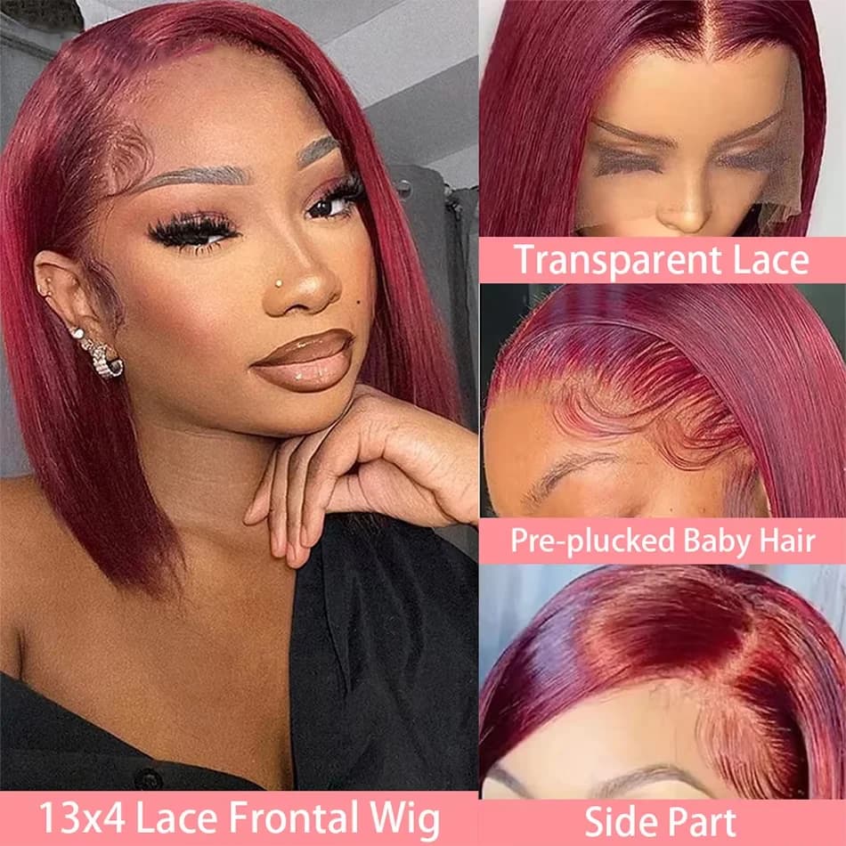 Perruque Bob 99J Bourgogne en Cheveux Humains, Lace Frontal 13x4 Lisse, 100% Cheveux Humains Brésili