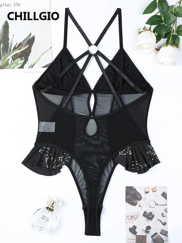 CHILLGIO femmes paillettes paillettes body mode à bretelles barboteuses Lingerie moulante Onesie Sex